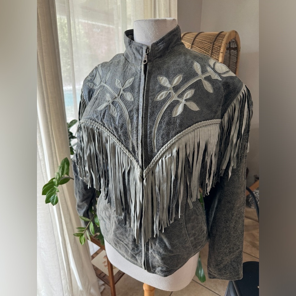 Vintage Scully Tour de West Gray Leather Fringe Jacket Floral Western Size L